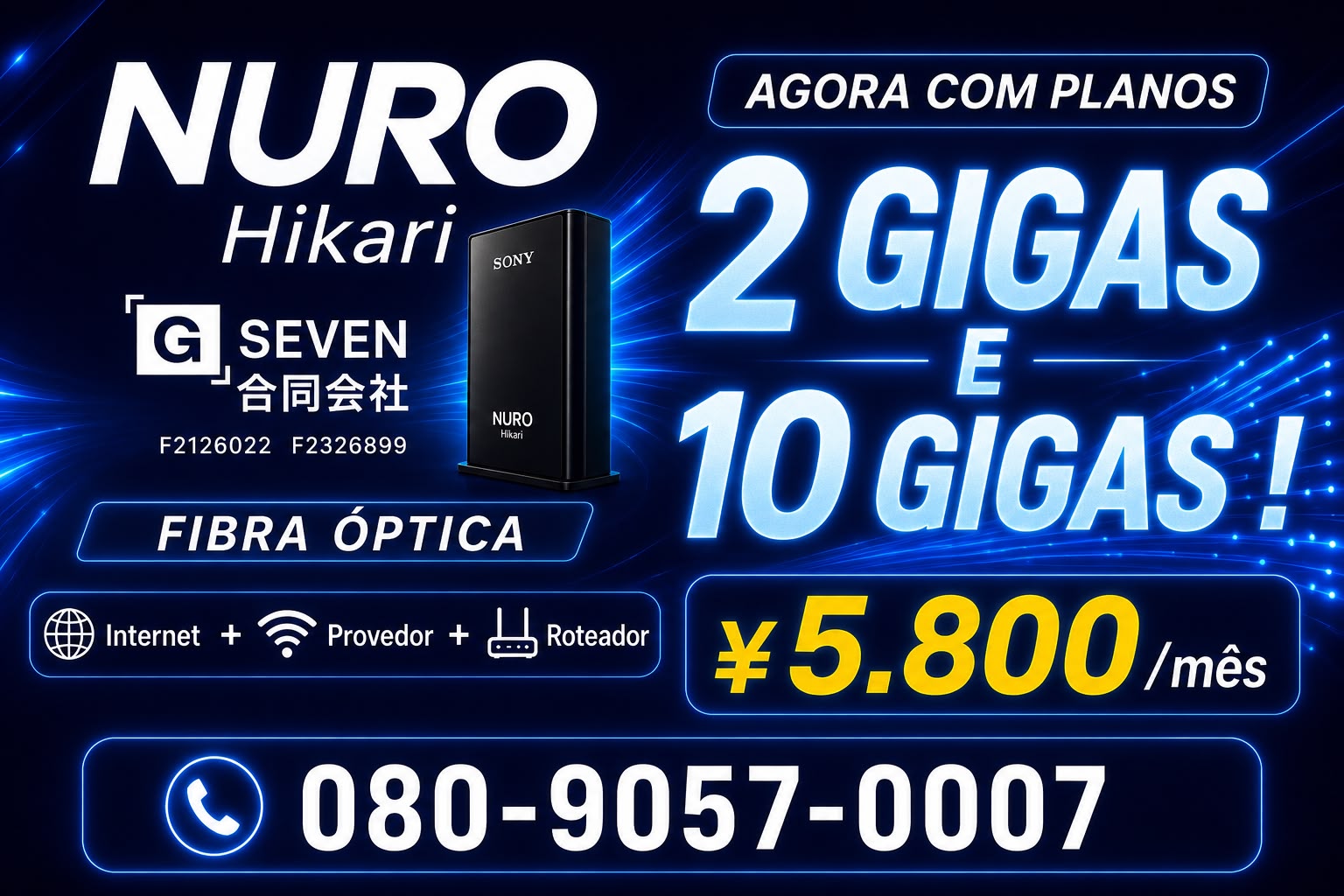 G-SEVEN — planos de fibra óptica Nuro Hikari de 2 e 10 gigas